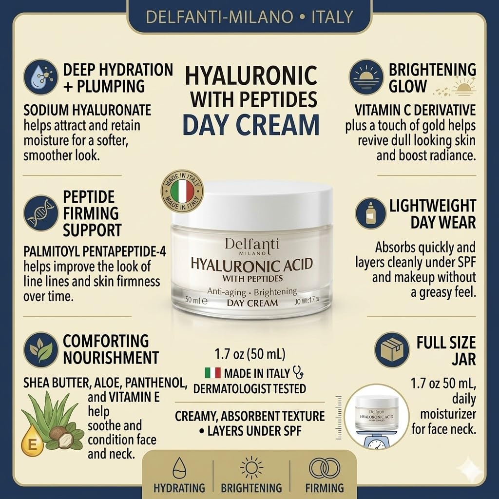Delfanti-Milano • HYALURONIC ACID with PEPTIDES • Anti-aging • Brightening Day Cream • Face & Neck Moisturizer • From Italy • 1.7 oz