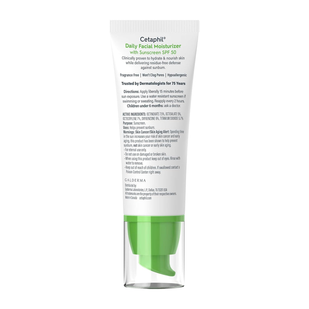 Cetaphil Daily Facial Moisturizer SPF 50, Fragrance-Free, 1.7 fl oz, 2 ct | Pack Of 2, SPF 50 Sun Protection, Dry To Normal Skin, Dermatologist Recommended, Fragrance-Free, Gentle Daily Moisturizer