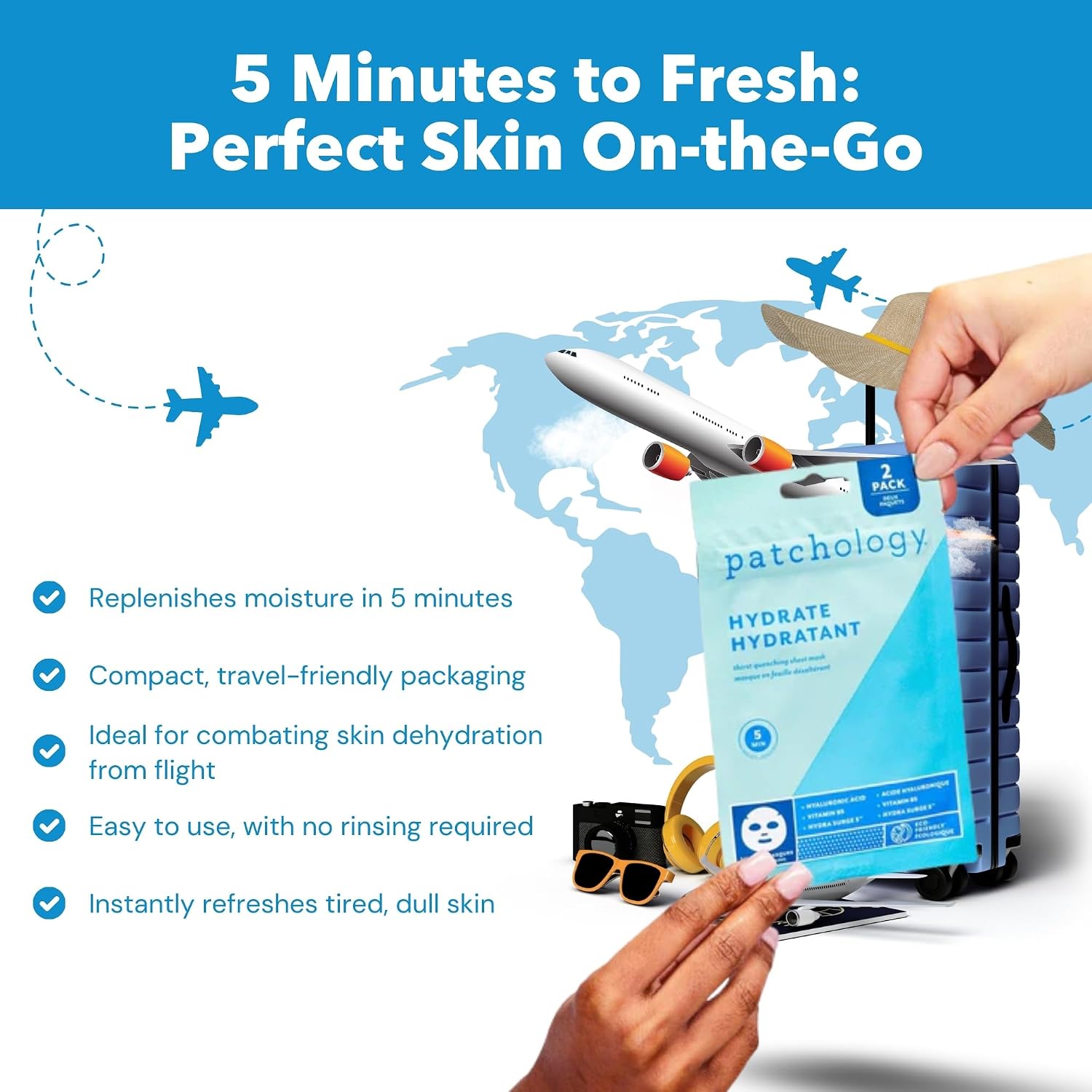 Patchology Hydrate FlashMasque Sheet Mask with Hyaluronic Acid | 2pk | Facial Sheet Mask to Moisturize Skin in 5 Minutes | Revitalizing Serum for Men & Women