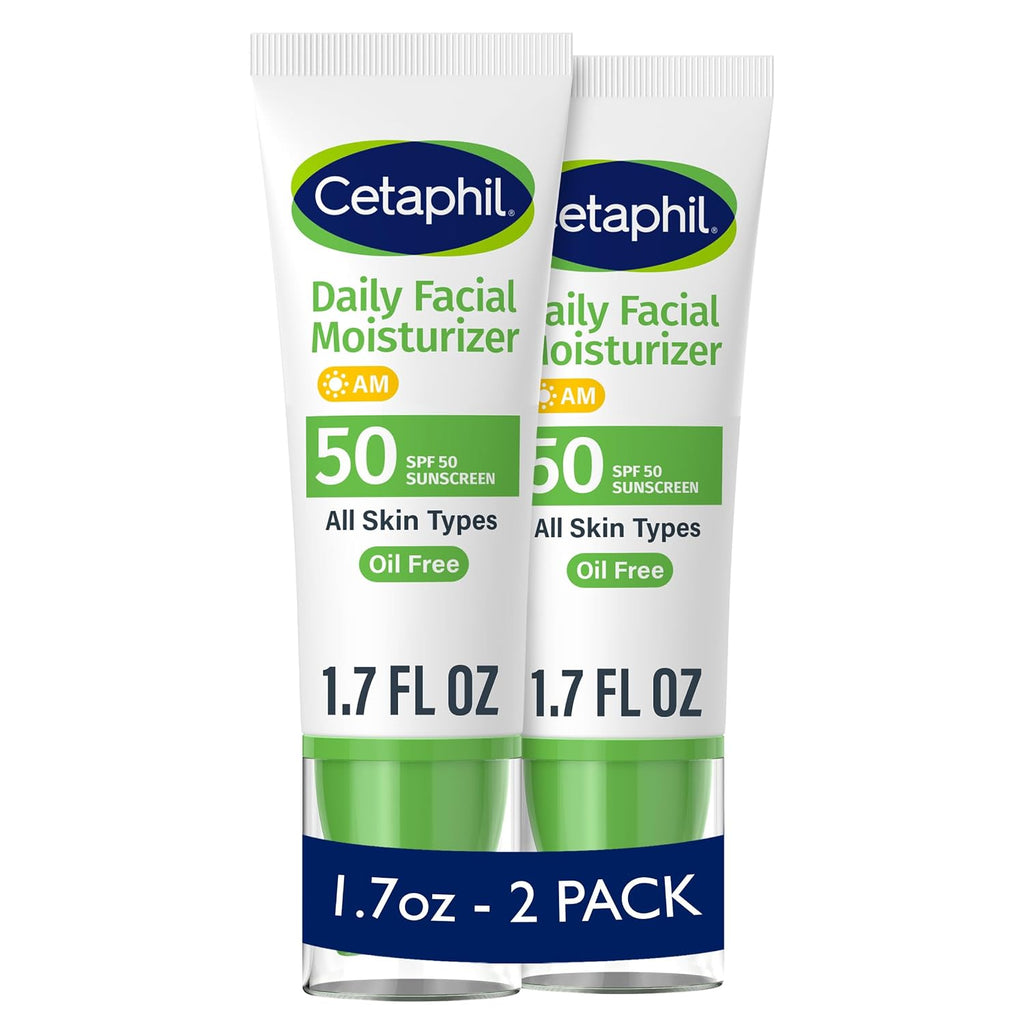 Cetaphil Daily Facial Moisturizer SPF 50, Fragrance-Free, 1.7 fl oz, 2 ct | Pack Of 2, SPF 50 Sun Protection, Dry To Normal Skin, Dermatologist Recommended, Fragrance-Free, Gentle Daily Moisturizer