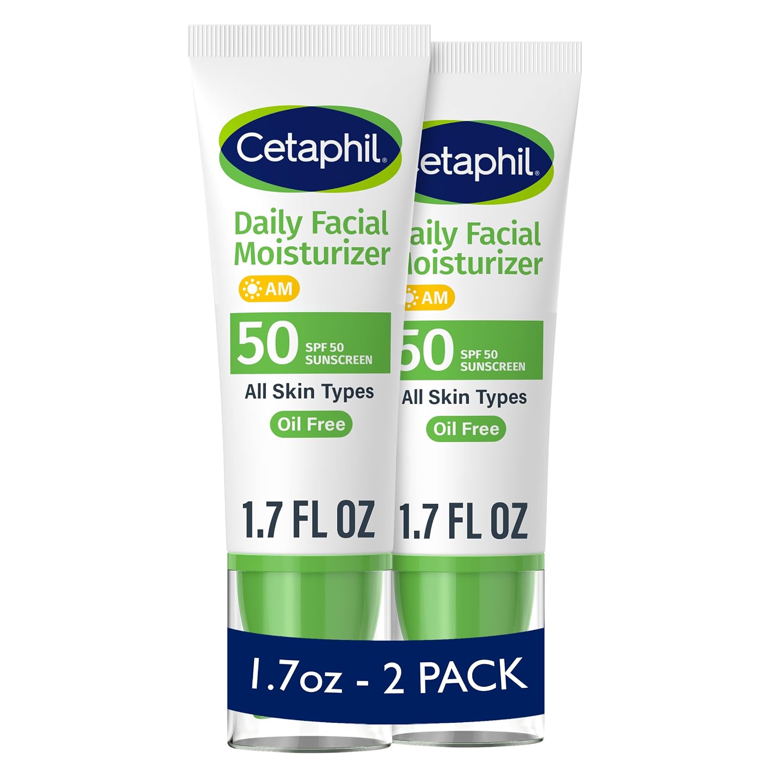 Cetaphil Daily Facial Moisturizer SPF 50, Fragrance-Free, 1.7 fl oz, 2 ct | Pack Of 2, SPF 50 Sun Protection, Dry To Normal Skin, Dermatologist Recommended, Fragrance-Free, Gentle Daily Moisturizer