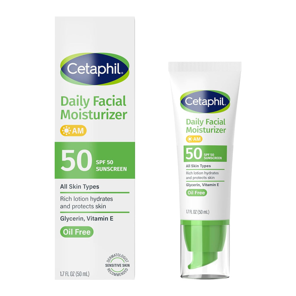Cetaphil Daily Facial Moisturizer SPF 50, Fragrance-Free, 1.7 fl oz, 2 ct | Pack Of 2, SPF 50 Sun Protection, Dry To Normal Skin, Dermatologist Recommended, Fragrance-Free, Gentle Daily Moisturizer
