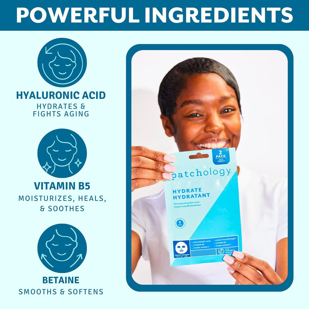 Patchology Hydrate FlashMasque Sheet Mask with Hyaluronic Acid | 2pk | Facial Sheet Mask to Moisturize Skin in 5 Minutes | Revitalizing Serum for Men & Women