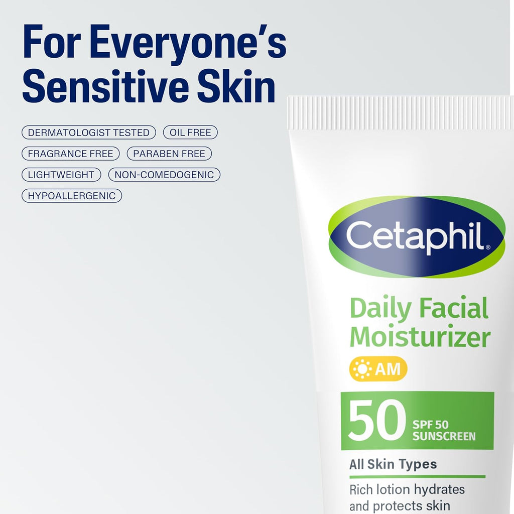 Cetaphil Daily Facial Moisturizer SPF 50, Fragrance-Free, 1.7 fl oz, 2 ct | Pack Of 2, SPF 50 Sun Protection, Dry To Normal Skin, Dermatologist Recommended, Fragrance-Free, Gentle Daily Moisturizer