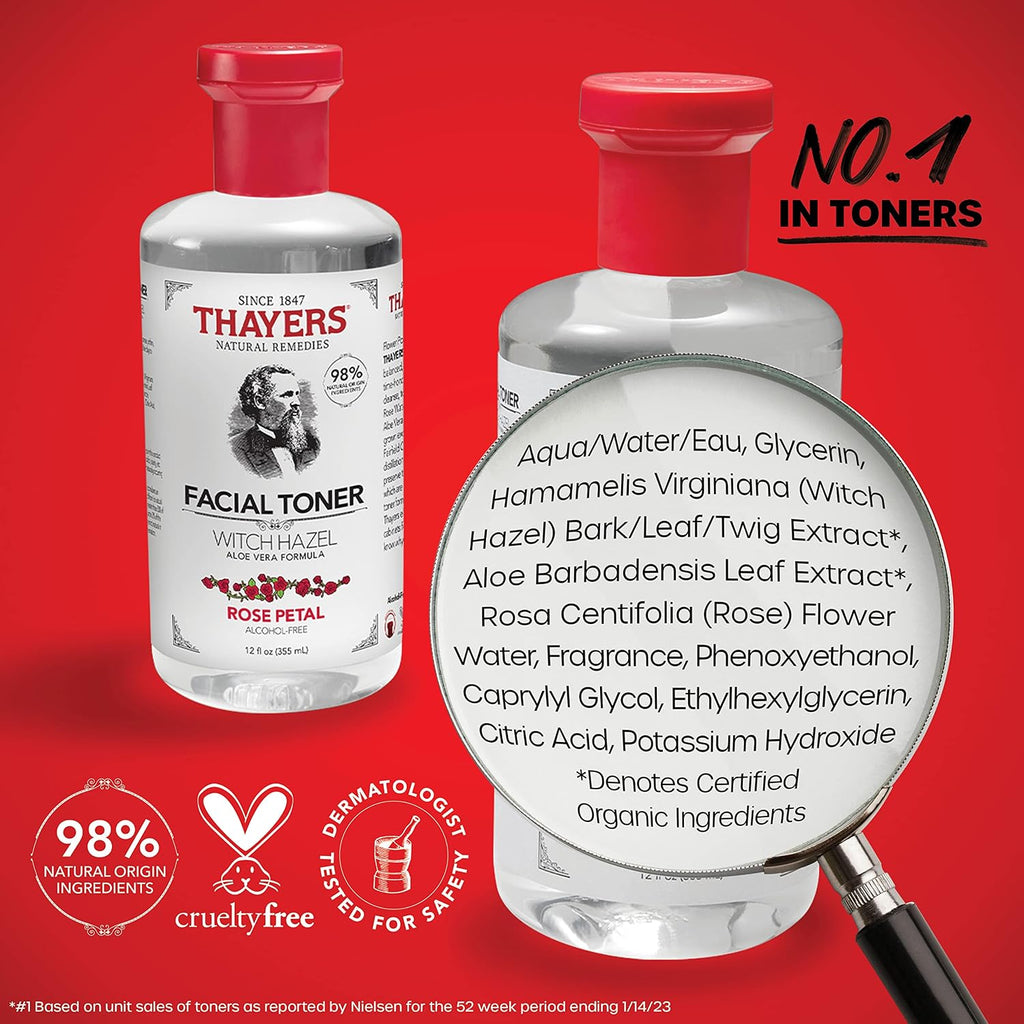 THAYERS Alcohol-Free, Hydrating, Unscented Witch Hazel Facial Toner with Aloe Vera Formula, Vegan, Dermatologist Tested and Recommended, 12 Oz (Packaging May Vary)
