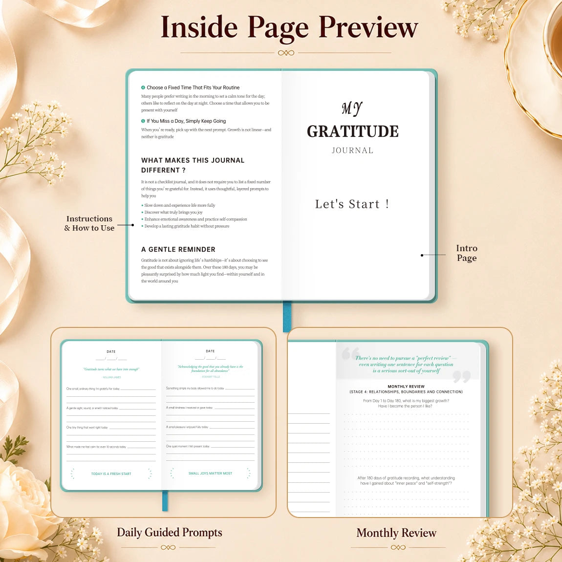 1Pc Green Gratitude Journal Hardcover Mindfulness Diary, Daily Reflection Notebook with Thick Paper & Ribbon Bookmark