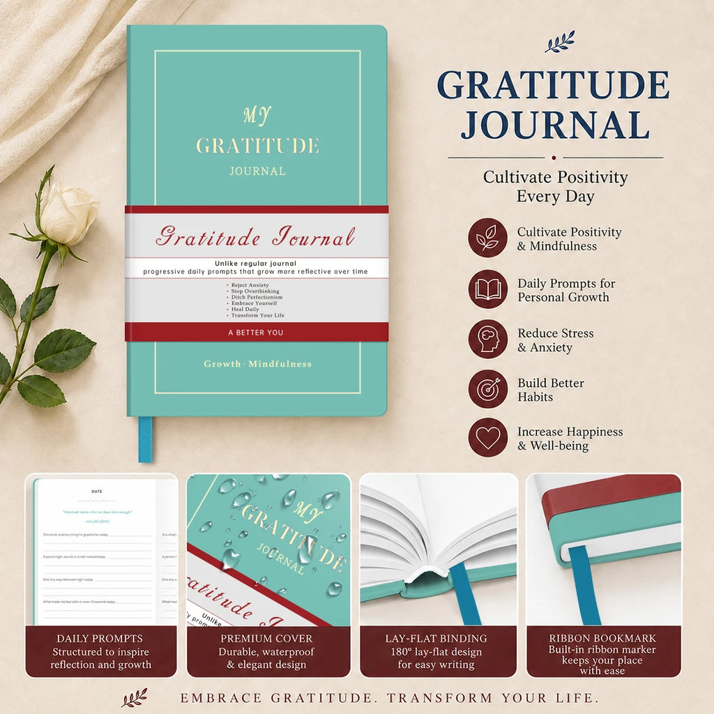1Pc Green Gratitude Journal Hardcover Mindfulness Diary, Daily Reflection Notebook with Thick Paper & Ribbon Bookmark