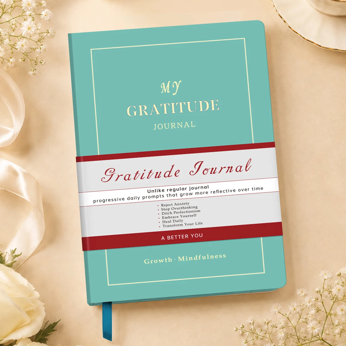 1Pc Green Gratitude Journal Hardcover Mindfulness Diary, Daily Reflection Notebook with Thick Paper & Ribbon Bookmark