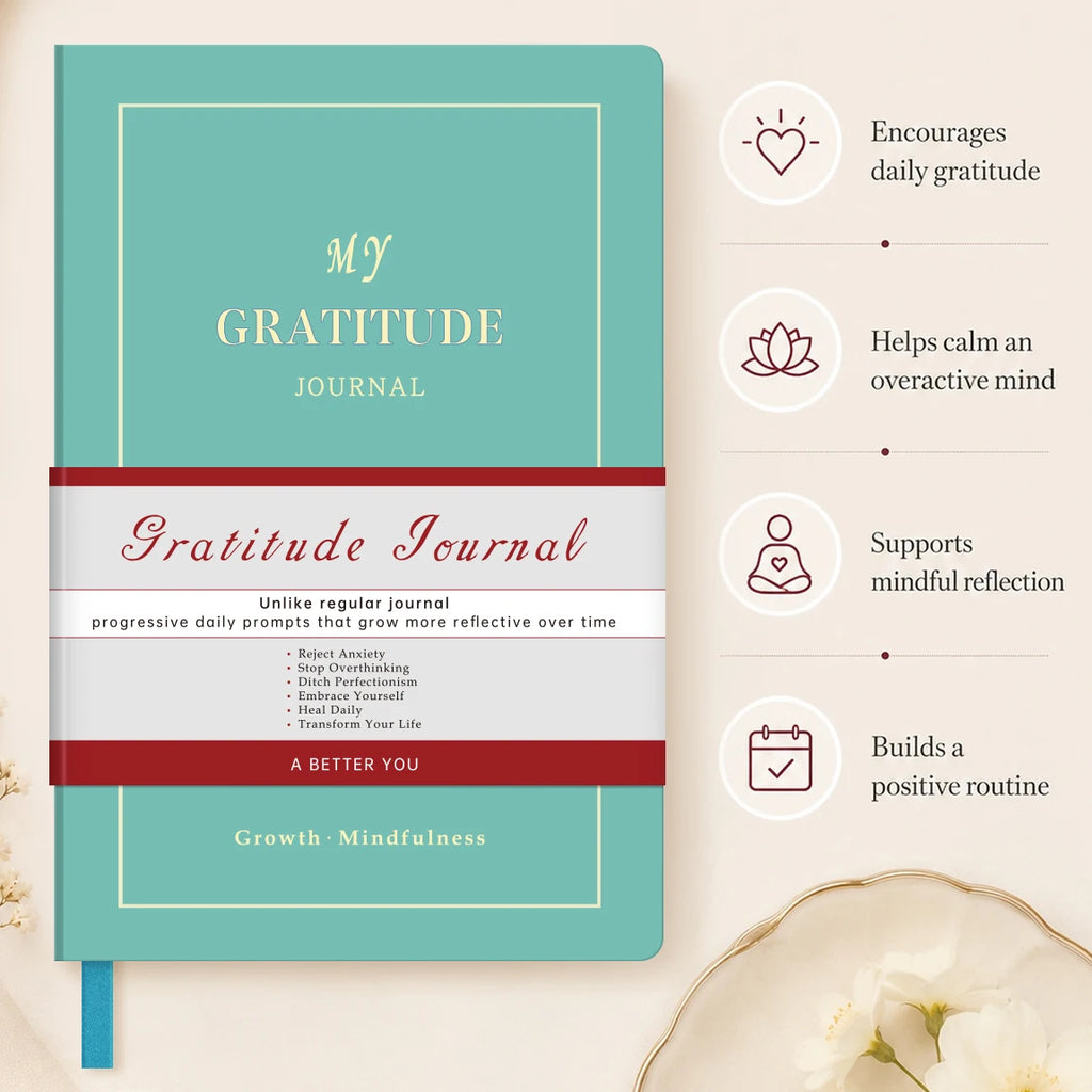 1Pc Green Gratitude Journal Hardcover Mindfulness Diary, Daily Reflection Notebook with Thick Paper & Ribbon Bookmark