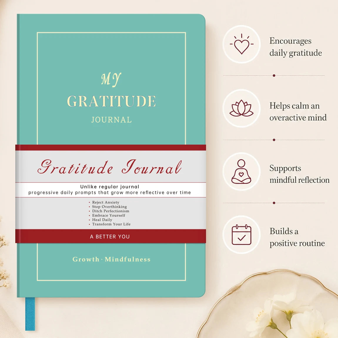 1Pc Green Gratitude Journal Hardcover Mindfulness Diary, Daily Reflection Notebook with Thick Paper & Ribbon Bookmark