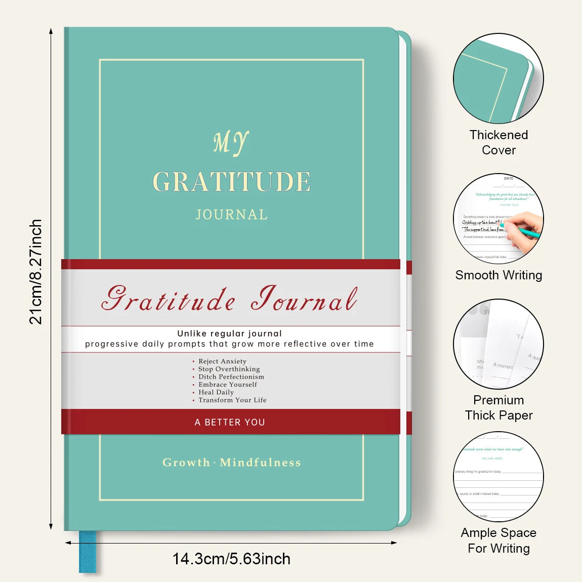 1Pc Green Gratitude Journal Hardcover Mindfulness Diary, Daily Reflection Notebook with Thick Paper & Ribbon Bookmark