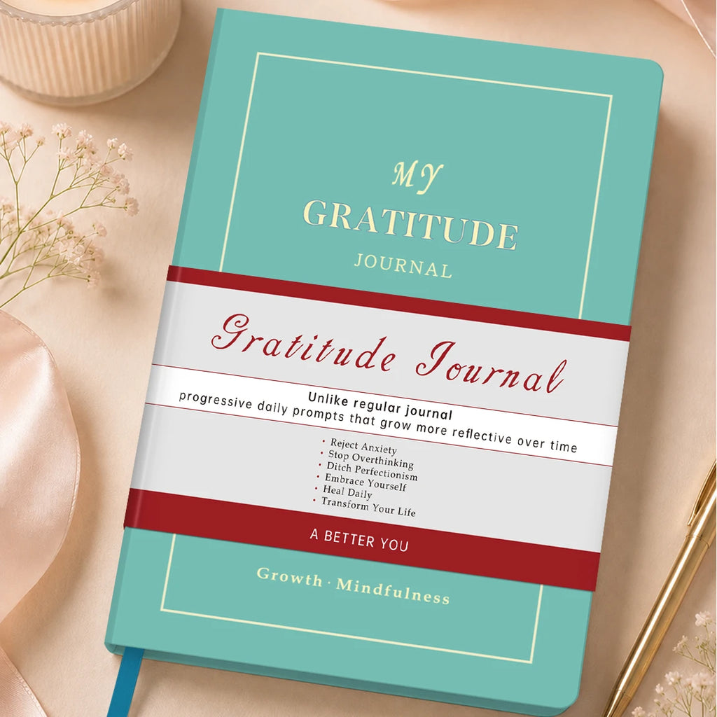 1Pc Green Gratitude Journal Hardcover Mindfulness Diary, Daily Reflection Notebook with Thick Paper & Ribbon Bookmark