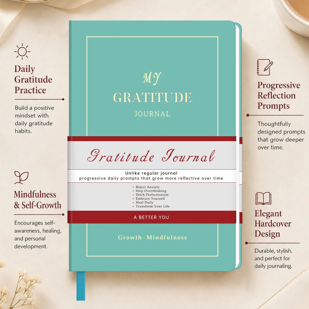 1Pc Green Gratitude Journal Hardcover Mindfulness Diary, Daily Reflection Notebook with Thick Paper & Ribbon Bookmark